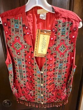 NWT Vintage Other Destination Raw Silk Beaded Mirror Shisha Vest Ruby